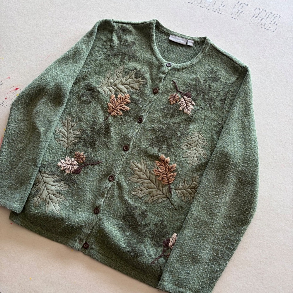 Vintage Croft & Barrow Cardigan Sweater Green Leaf Embroidered